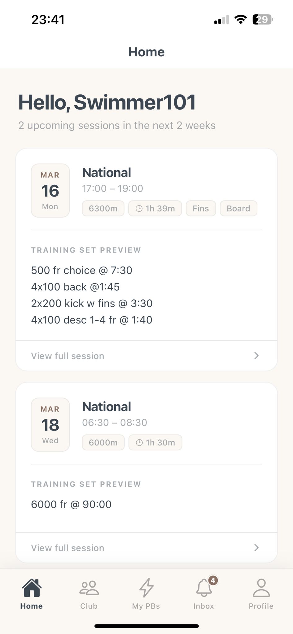 Swimmer app workouts list screen